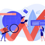 Team of specialists with magnifier and laptop and arrow. Digital marketing, PPC campaign, customer relationships concept on white background. Pinkish coral blue vector isolated illustration
